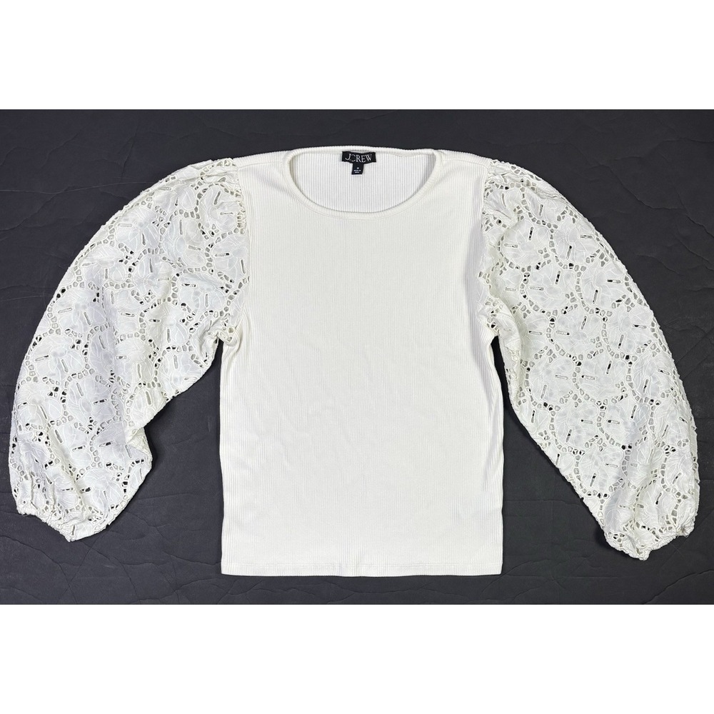 J. Crew Top Women's Medium Cream Ribbed Eyelet Embroidered Lace Puff Sleeve